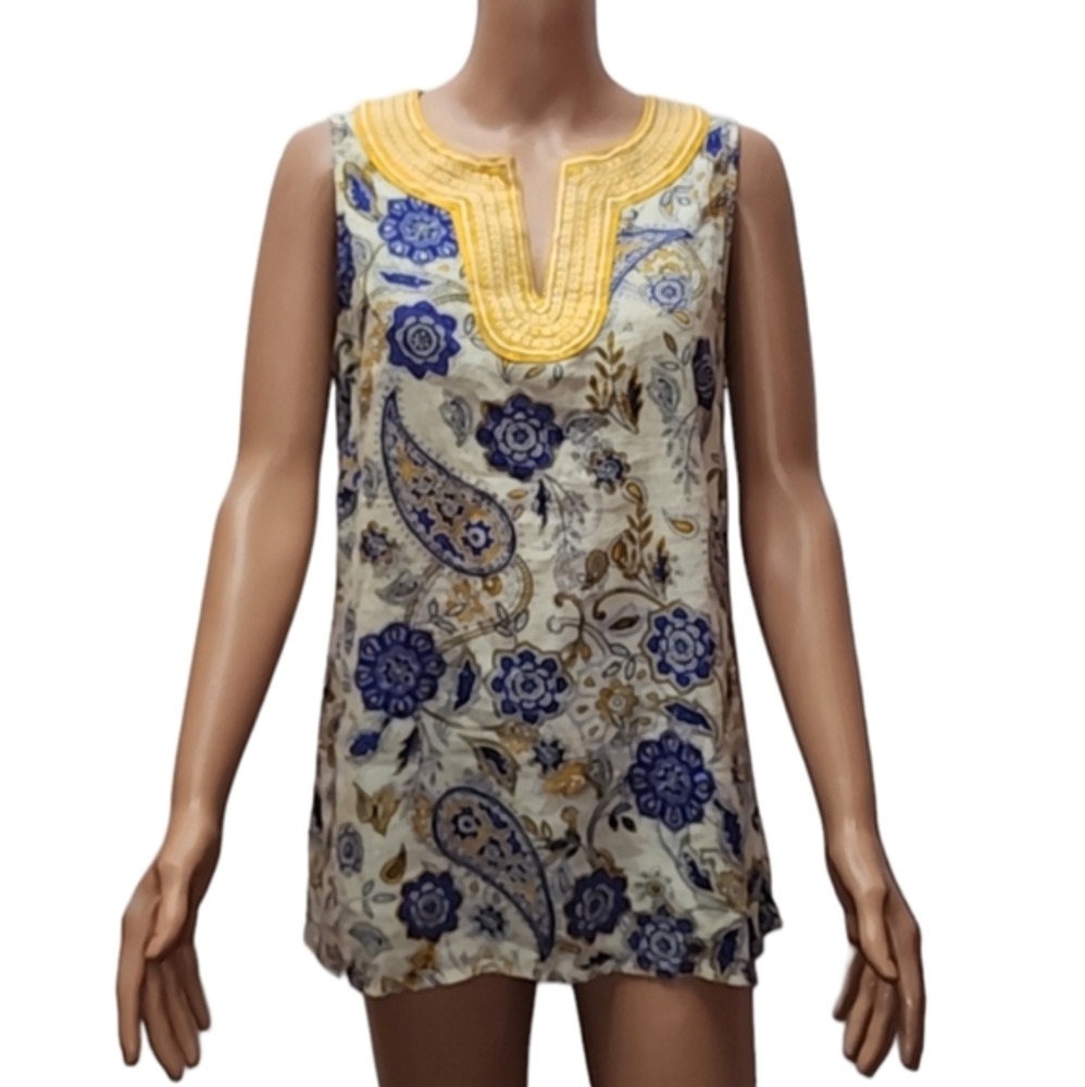 Valeri Bertinelli Sleeveless Linen Blend‎ Embroidered Yellow/Purple Size L